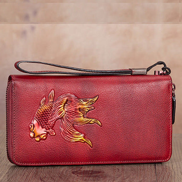 Goldfish Red Leather Wristlet Wallets Womens Zip Around Wallet Ladies Zipper Clutch Wallets for Women