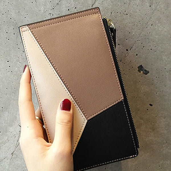 Cute Womens Patchwork Light Coffee Leather Card Wallet Card Clutch Wallet Zip Card Holder Wallet for Women