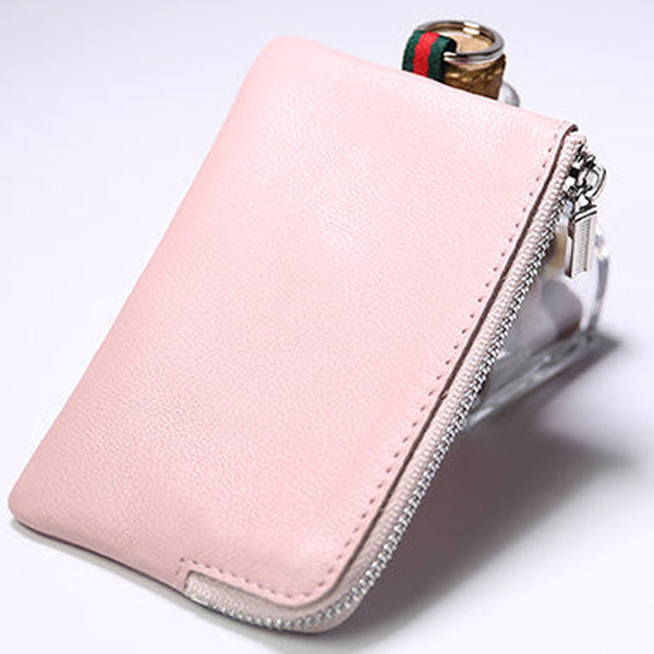 Slim Women Pink Leather Zip Wallet with Keychains Billfold Minimalist Coin Wallet Small Zip Change Wallet For Women
