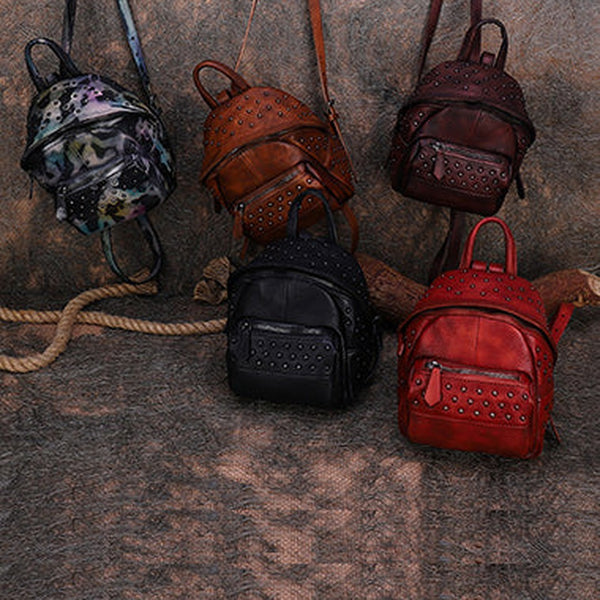 Best Vintage Rivets Leather Rucksack Womens Small School Rucksack Leather Backpack Purse