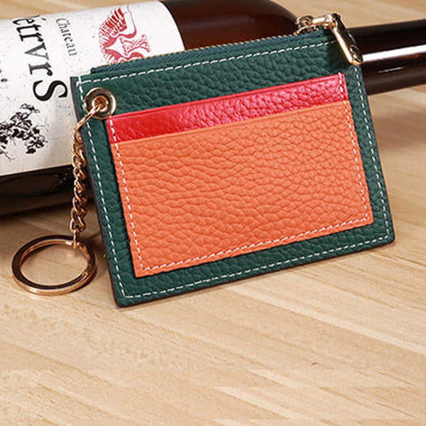 Slim Womens Patchwork Green Leather Card Wallets with Keychain Cute Zip Card Holder Wallet for Women