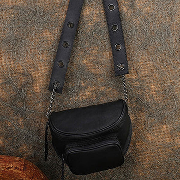 Vintage Black Gray Leather Womens Saddle Shoulder Bag Saddle Crossbody Purse for Women