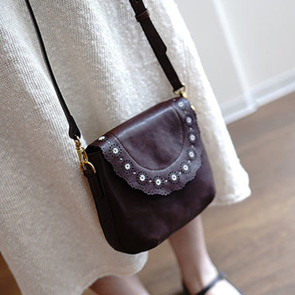 Classic Coffee Leather Small Hollow Flower Shoulder Bag Women Flowers Crossbody Bag for Women