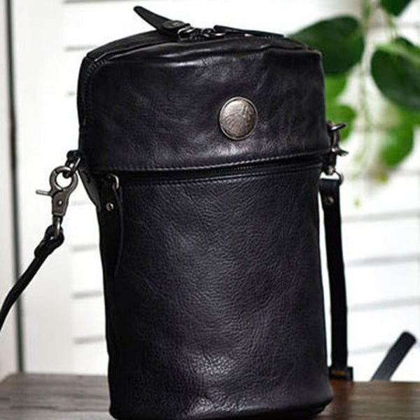 Womens Black Leather Bucket Crossbody Bag Purse Vintage Handmade Round Barrel Shoulder Bag for Women