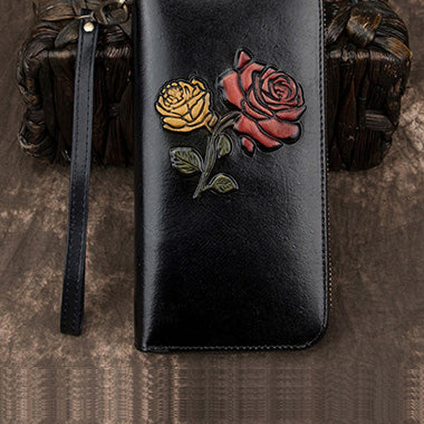 Womens Rose Flowers Black Leather Wristlet Wallets Zip Around Wallet Flowers Ladies Zipper Clutch Wallet for Women