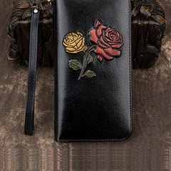 Womens Rose Flowers Black Leather Wristlet Wallets Zip Around Wallet Flowers Ladies Zipper Clutch Wallet for Women