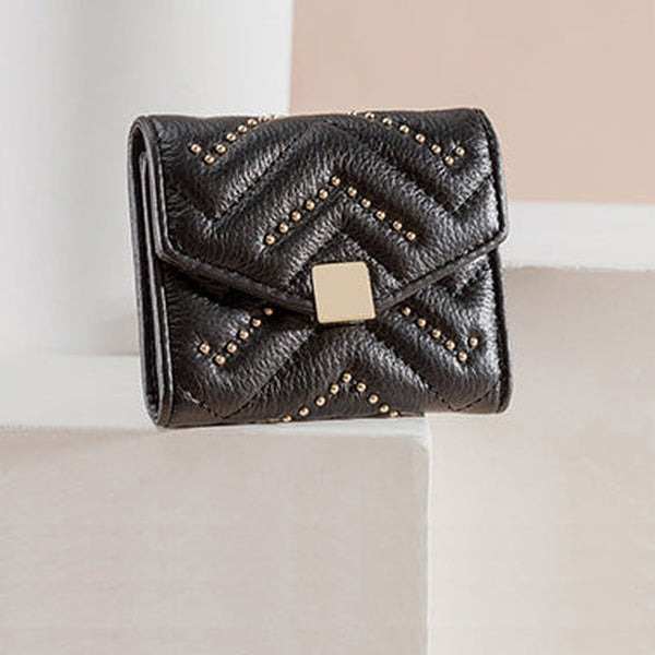 Cute Womens Black Leather Small Wallet with Rivets Billfold Slim Small Wallet For Women