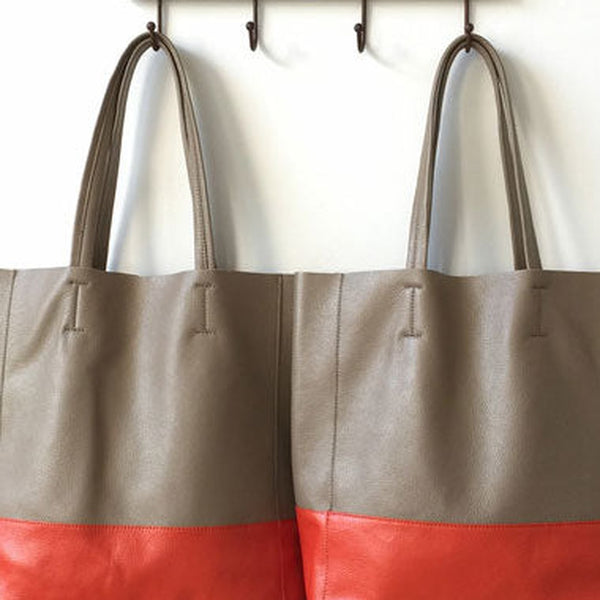 Khaki&Orange Leather Tote Bag Two Tone Tote Bag Womens Two Tone Purse Leather Work Tote Bag