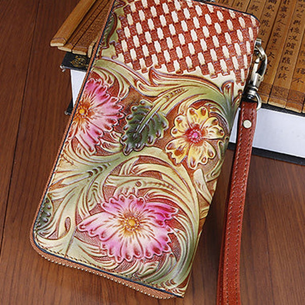 Vintage Handmade Flowers Floral Brown Leather Wristlet Wallet Womens Zip Around Wallets Flowers Ladies Zipper Clutch Wallet for Women