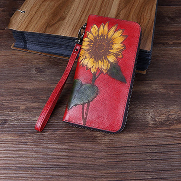 Handmade Sunflower Red Leather Wristlet Wallet Womens Zip Around Wallets Sunflower Ladies Zipper Clutch Wallet for Women