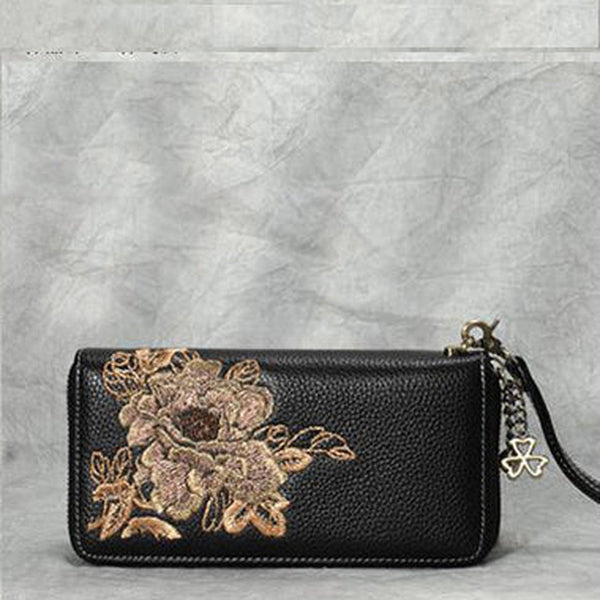 Peony Embroidery Black Leather Peony Wristlet Wallet Womens Zip Around Wallets Flowers Peony Ladies Zipper Clutch Wallet for Women