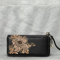 Peony Embroidery Black Leather Peony Wristlet Wallet Womens Zip Around Wallets Flowers Peony Ladies Zipper Clutch Wallet for Women