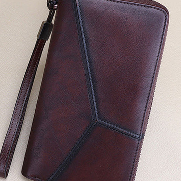 Vintage Multicolor Geometric Coffee Leather Wristlet Wallet Womens Flower Zip Around Wallets Flowers Ladies Zipper Clutch Wallet for Women