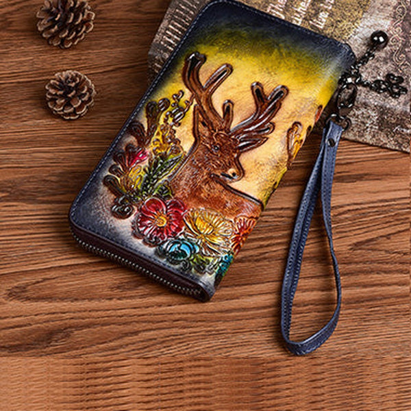 Vintage Reindeer Gray Leather Wristlet Wallet Womens Zip Around Wallets Reindeer Ladies Zipper Clutch Wallet for Women