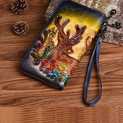 Vintage Reindeer Gray Leather Wristlet Wallet Womens Zip Around Wallets Reindeer Ladies Zipper Clutch Wallet for Women