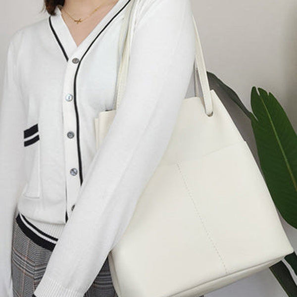 Fashion Womens White Leather Tote Bag Vertical Green Shoulder Tote Bag Bucket Tote For Women