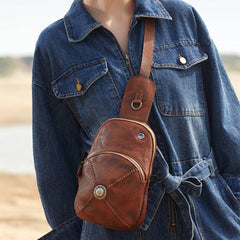 Cool Mens Womens Cap Brown Sling Bag Vintage Leather Chest Bag Crossbody Pack for Men