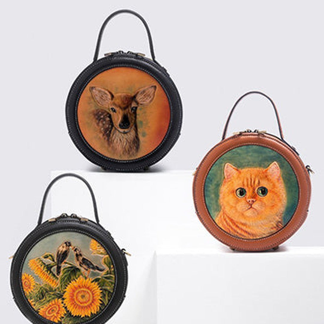 Handmade Womens Tooled Leather Round Handbag Purse Round Crossbody Bag for Women