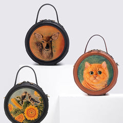 Handmade Womens Tooled Leather Round Handbag Purse Round Crossbody Bag for Women