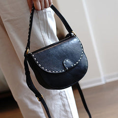 Vintage Womens Black Leather Small Saddle Handbag Shoulder Bag Purse for Women