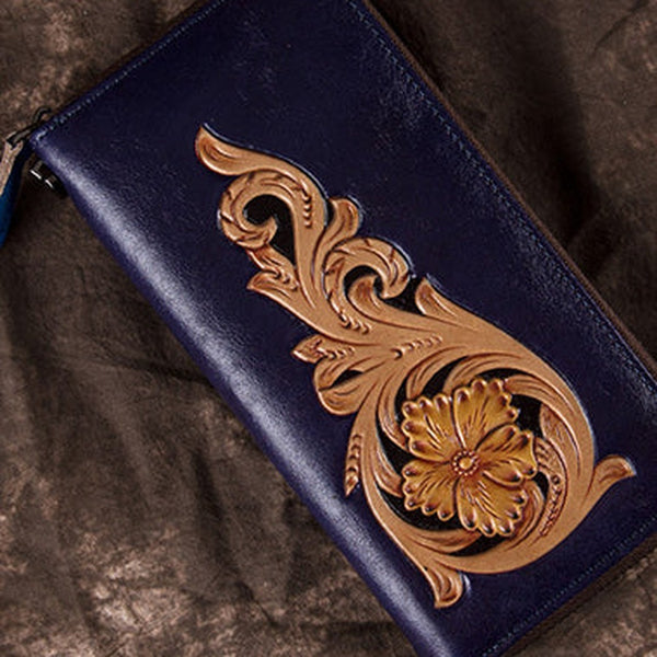 Handmade Floral Navy Leather Wristlet Wallet Womens Zip Around Wallets Flowers Ladies Zipper Clutch Wallet for Women