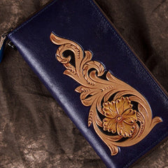 Handmade Floral Navy Leather Wristlet Wallet Womens Zip Around Wallets Flowers Ladies Zipper Clutch Wallet for Women