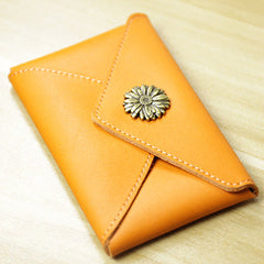Slim Women Orange Sunflower Leather Card Wallet Minimalist Envelope Card Holder Wallet Coin Wallet For Women