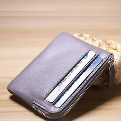 Slim Women Gray Leather Card Wallet Minimalist Zip Billfold Card Holder Wallet Coin Wallet For Women