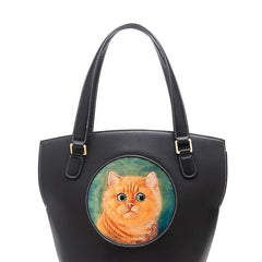 Handmade Womens Black Leather Tote Handbag Purse Ginger Cat Tote Bag for Women