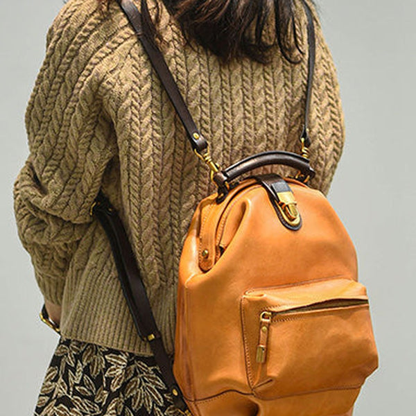 Handmade Womens Tan Leather Doctor Backpack Purse Shoulder Doctor Handbags for Women