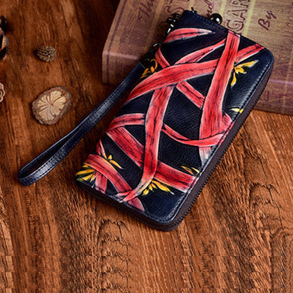 Handmade Bracketplant Black Leather Wristlet Wallet Womens Zip Around Wallets Flowers Ladies Zipper Clutch Wallet for Women