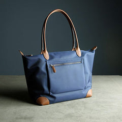 Womens Navy Nylon Shoulder Tote Large Dark Blue&Brown Nylon Handbag Purse for Ladies