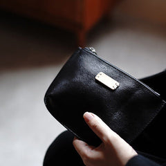 Vintage Black Leather Zipper Wallet Womens Zip Around Wallets Black Ladies Zipper Clutch Wallet for Women