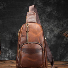 Badass Brown Leather Men's Sling Bag Chest Bag Vintage 8-inches One shoulder Backpack For Men