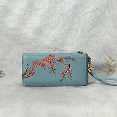 Handmade Embroidery Blue Leather Wristlet Wallet Womens Zip Around Wallets Flowers Plum Blossom Ladies Zipper Clutch Wallet for Women