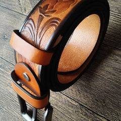 Cool Handmade Embossed Brown Tooled Leather Mens Belt Dark Brown Leather Belts for Men