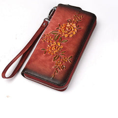 Womens Flowers Red Leather Zip Around Wallet Wristlet Wallet Floral Ladies Zipper Clutch Wallet for Women