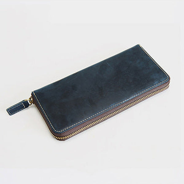 MENS Blue LEATHER ZIPPER LONG CLUTCH Personalized WALLETs ZIPPER VINTAGE LONG WALLET FOR MEN