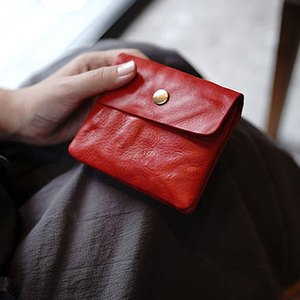 Vintage Womens Red Leather Billfold Wallet Small Wallet with Coin Pocket Mini Envelope Wallet for Ladies