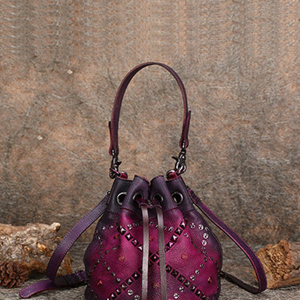 Womens Purple Leather Barrel Handbag Purse Vintage Rivet Round Shoulder Bag Bucket Crossbody Handbag for Women
