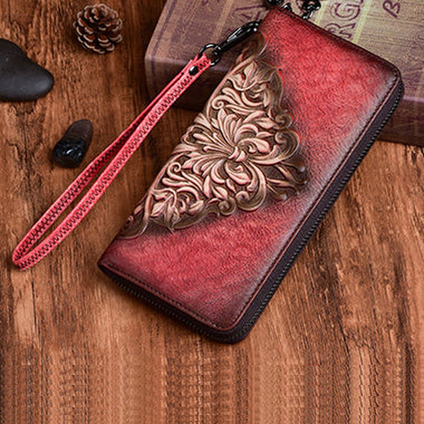 Womens Flowers Red Leather Zip Around Wallet Wristlet Wallet Floral Ladies Zipper Clutch Wallet for Women