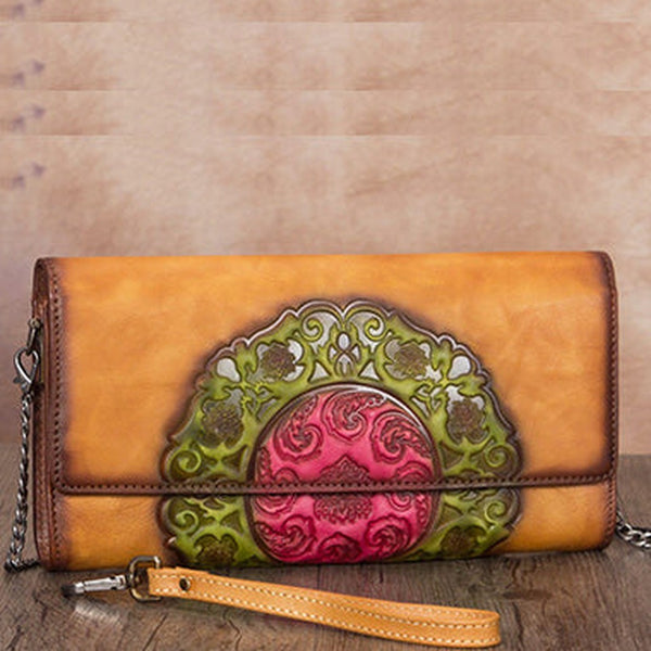 Vintage Floral Tan Leather Wristlet Wallet Womens Floral Shoulder Wallet Purse Zip Purse Chain Shoulder Bag for Women