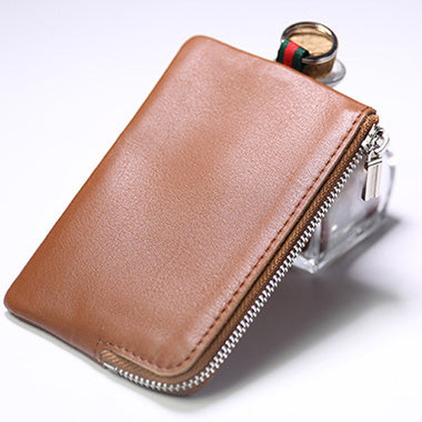 Slim Women Brown Leather Zip Wallet with Keychains Billfold Minimalist Coin Wallet Small Zip Change Wallet For Women