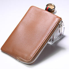 Slim Women Brown Leather Zip Wallet with Keychains Billfold Minimalist Coin Wallet Small Zip Change Wallet For Women