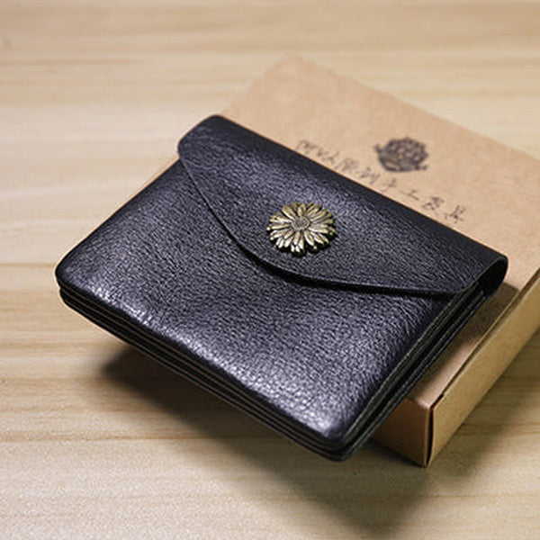 Slim Women Black Sunflower Leather Card Wallet Minimalist Envelope Card Holder Wallet Coin Wallet For Women