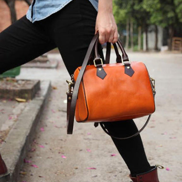 Fashion Womens Tan Leather Small Boston Handbag Best Tan Leather Boston Purse Side Bag