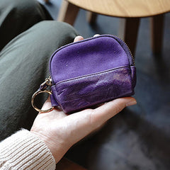 Vintage Women Purple Leather Zip Coin Pouch with Keyring Coin Wallet Change Wallet For Women