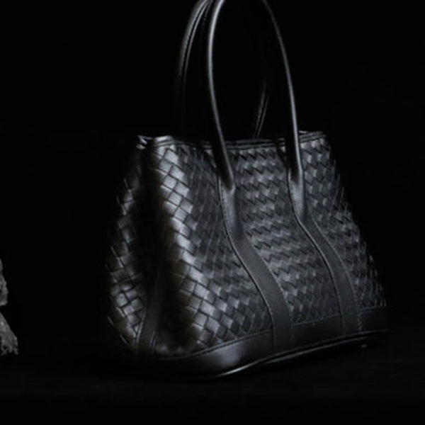 Womens Black Leather Braid Handbag Handmade Commuting Braided Handbag for Ladies