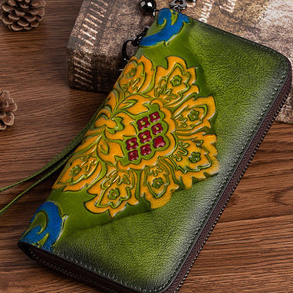 Vintage SunFlower Green Leather Wristlet Wallet Womens Flower Zip Around Wallets Flowers Ladies Zipper Clutch Wallet for Women