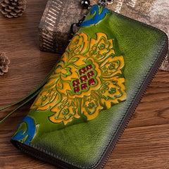 Vintage SunFlower Green Leather Wristlet Wallet Womens Flower Zip Around Wallets Flowers Ladies Zipper Clutch Wallet for Women